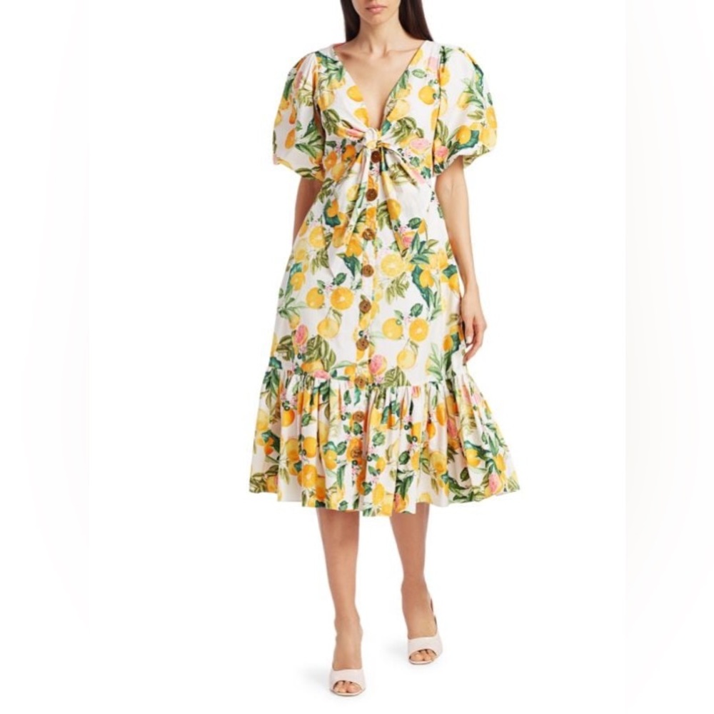 Cara Cara Georgica Orange & Grapefruit Puff-Sleeve Midi Dress, 4